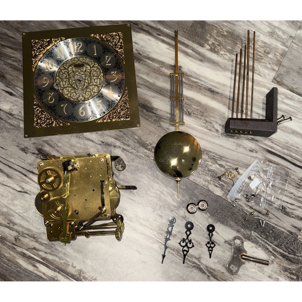 Vintage Grandfather Clock Parts Lot Emperor Face Frank Hermle Movement Hands Key